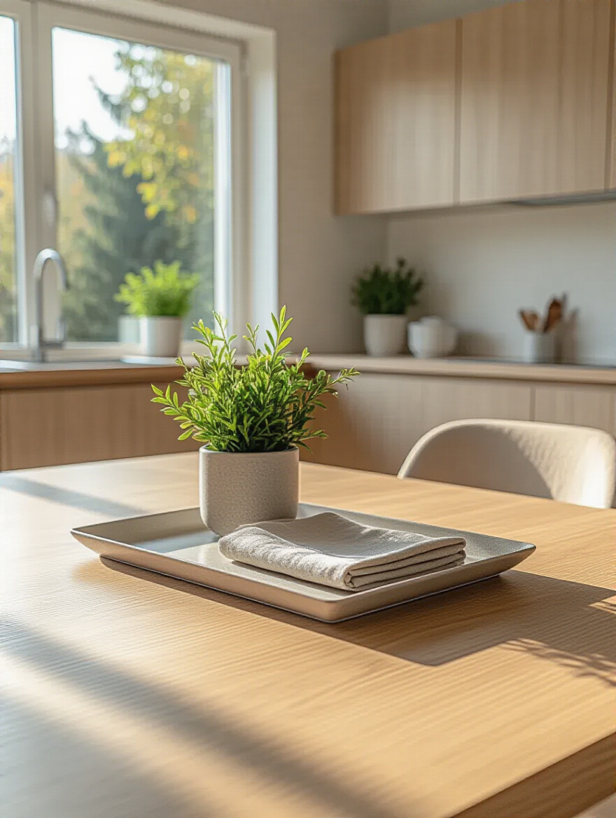 Minimalist kitchen table with a simple centerpiece and clear surface.
