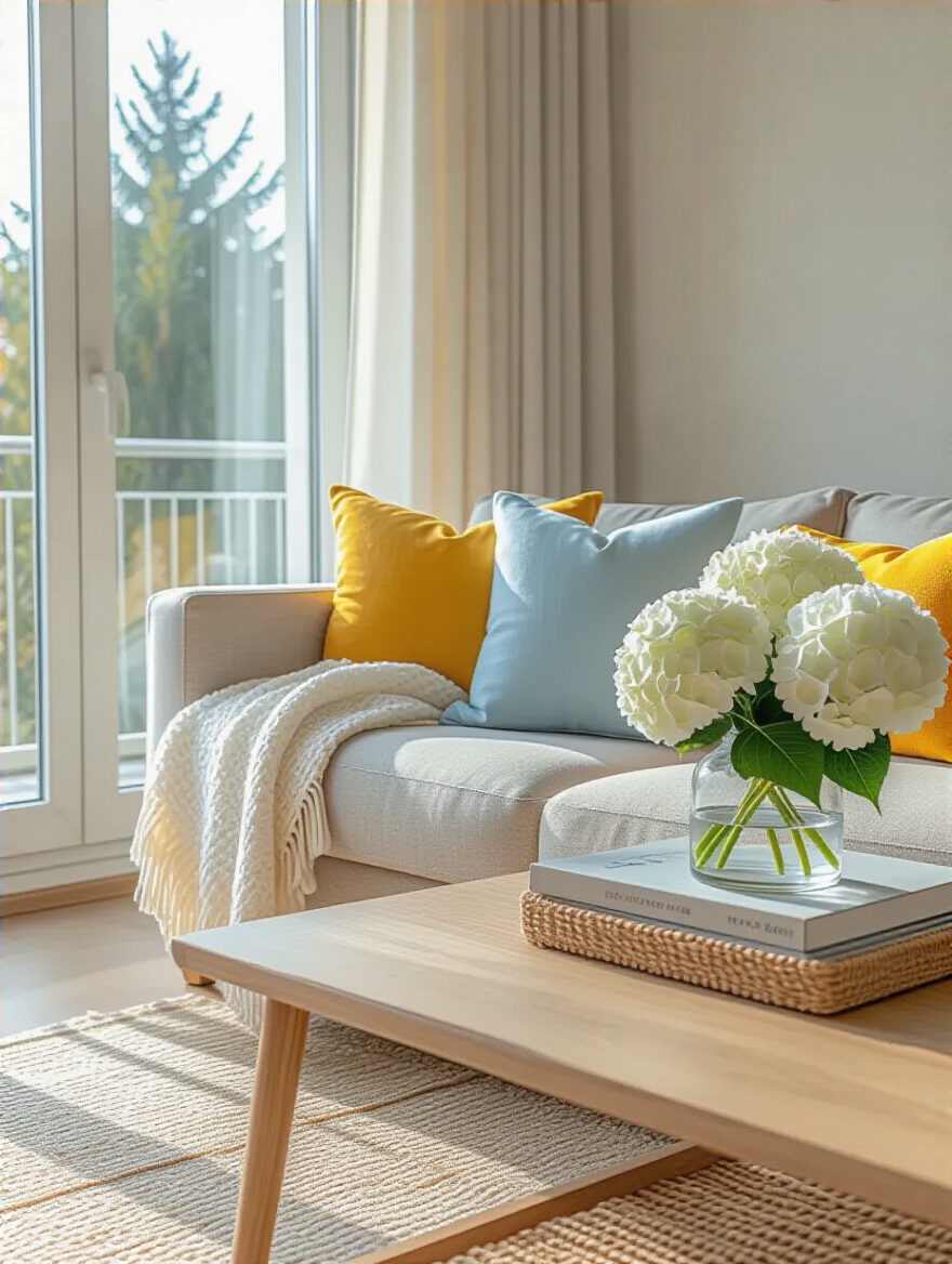 Apartment living room with bright, current seasonal decor featuring a neutral sofa, yellow and blue pillows, and fresh hydrangeas.