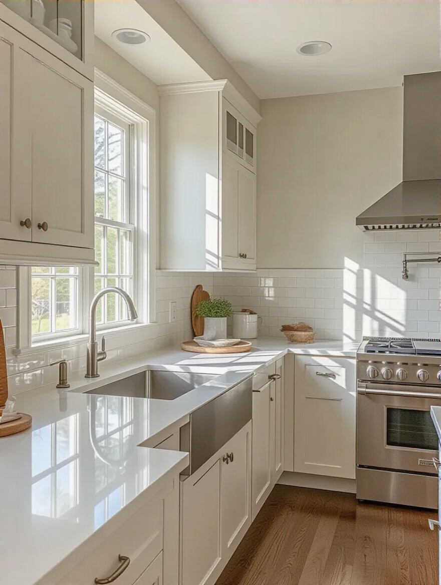 Bright, freshly painted kitchen walls with white cabinets