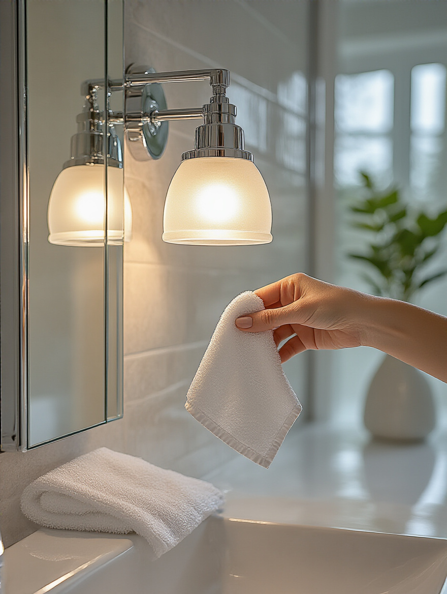 A sparkling clean modern bathroom vanity light fixture being wiped with a soft cloth, demonstrating the process of regularly cleaning light fixtures to maintain brightness and appearance.