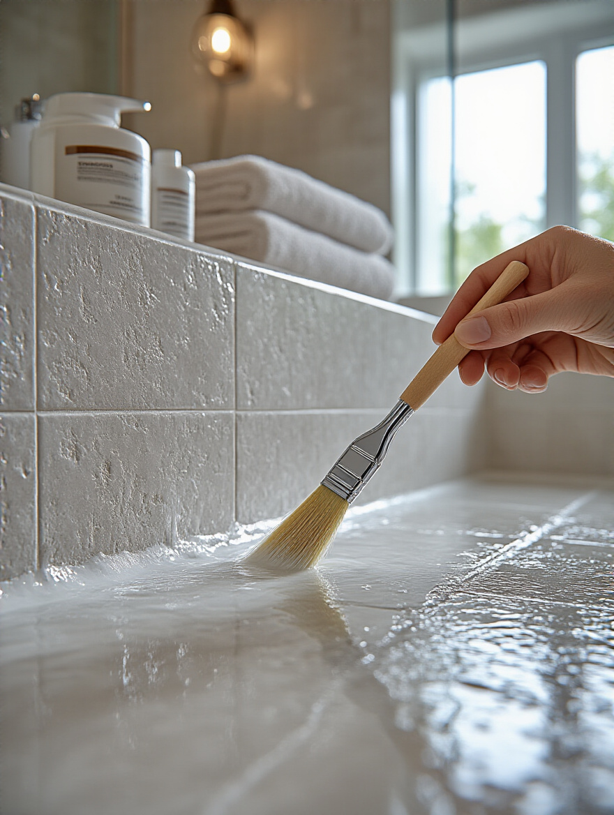 A clean hand applying grout sealer to light-colored bathroom tile grout with a small brush, emphasizing protection against stains and mildew.