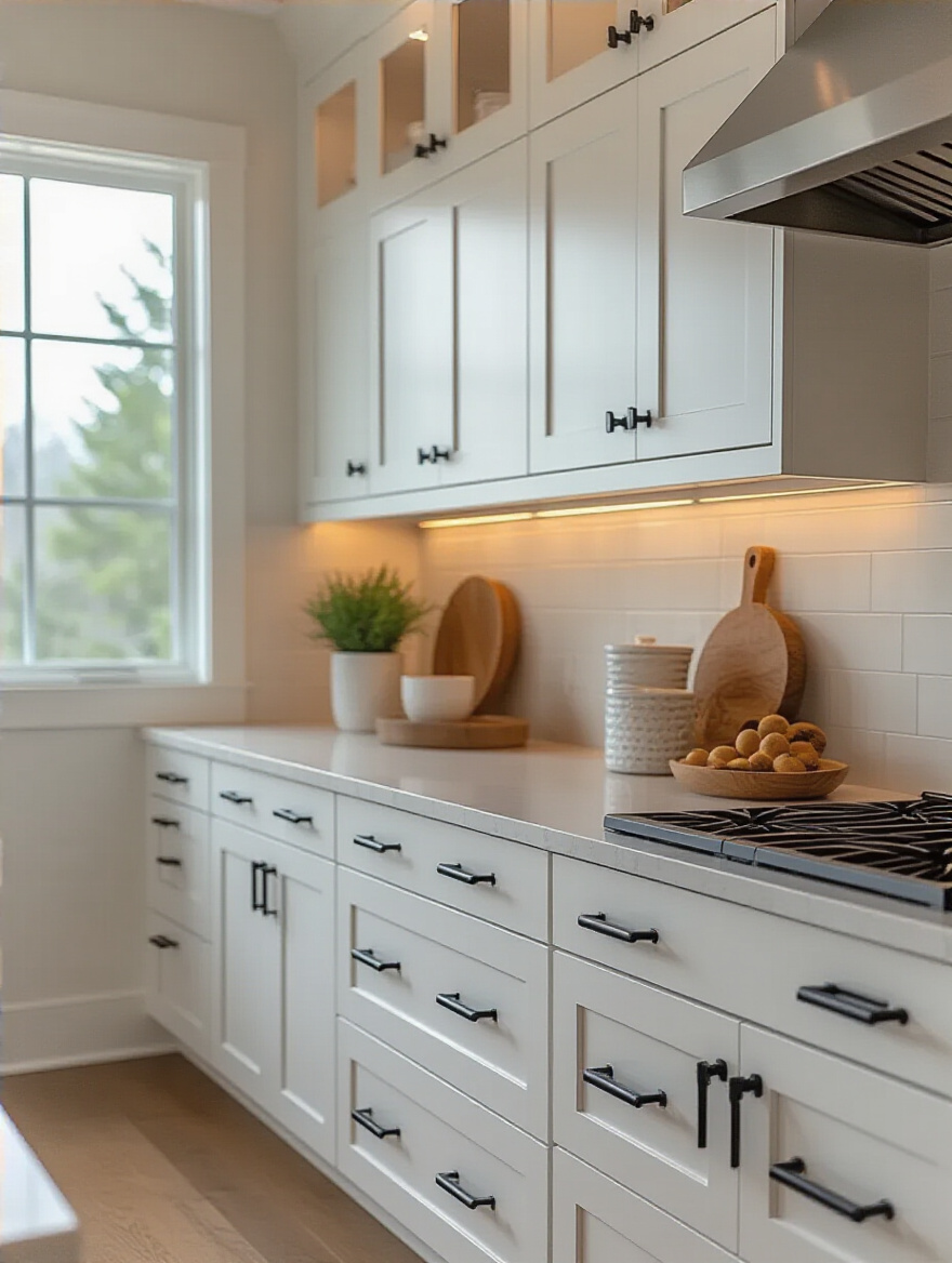 Close-up of modern cabinet hardware on updated kitchen cabinets (portrait orientation)