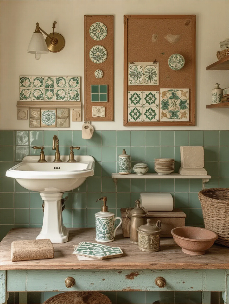 Portrait of a vintage bathroom materials workspace with authentic finishes and fixtures