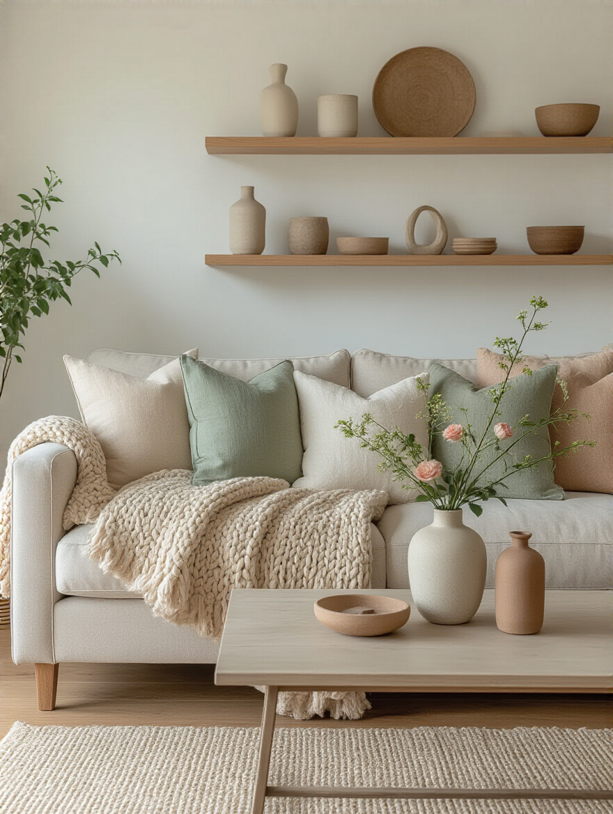 Portrait view of a cozy living room with seasonal decor rotation