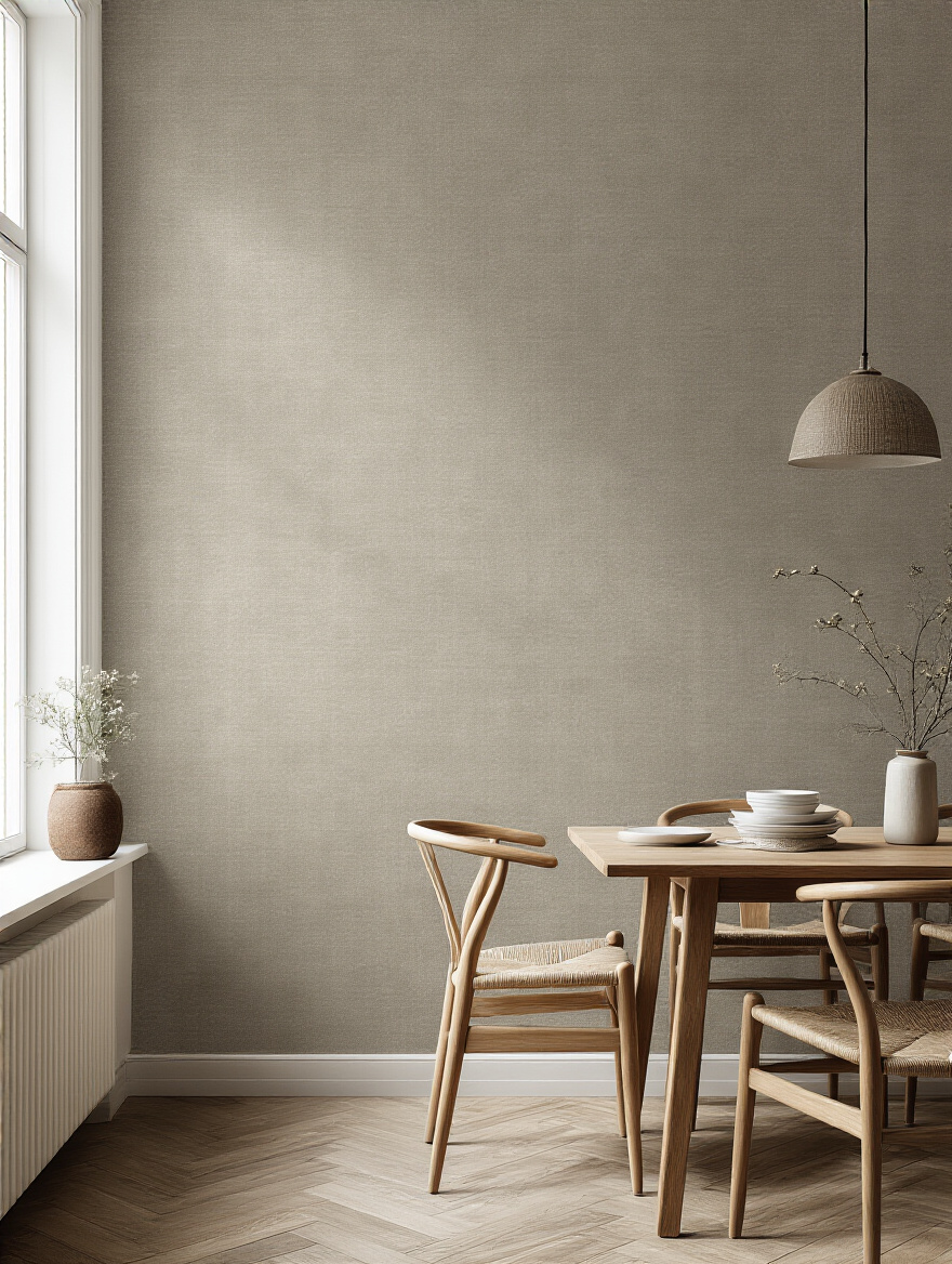 Vertical dining room wall showing protective, washable wallpaper in a spill-prone zone