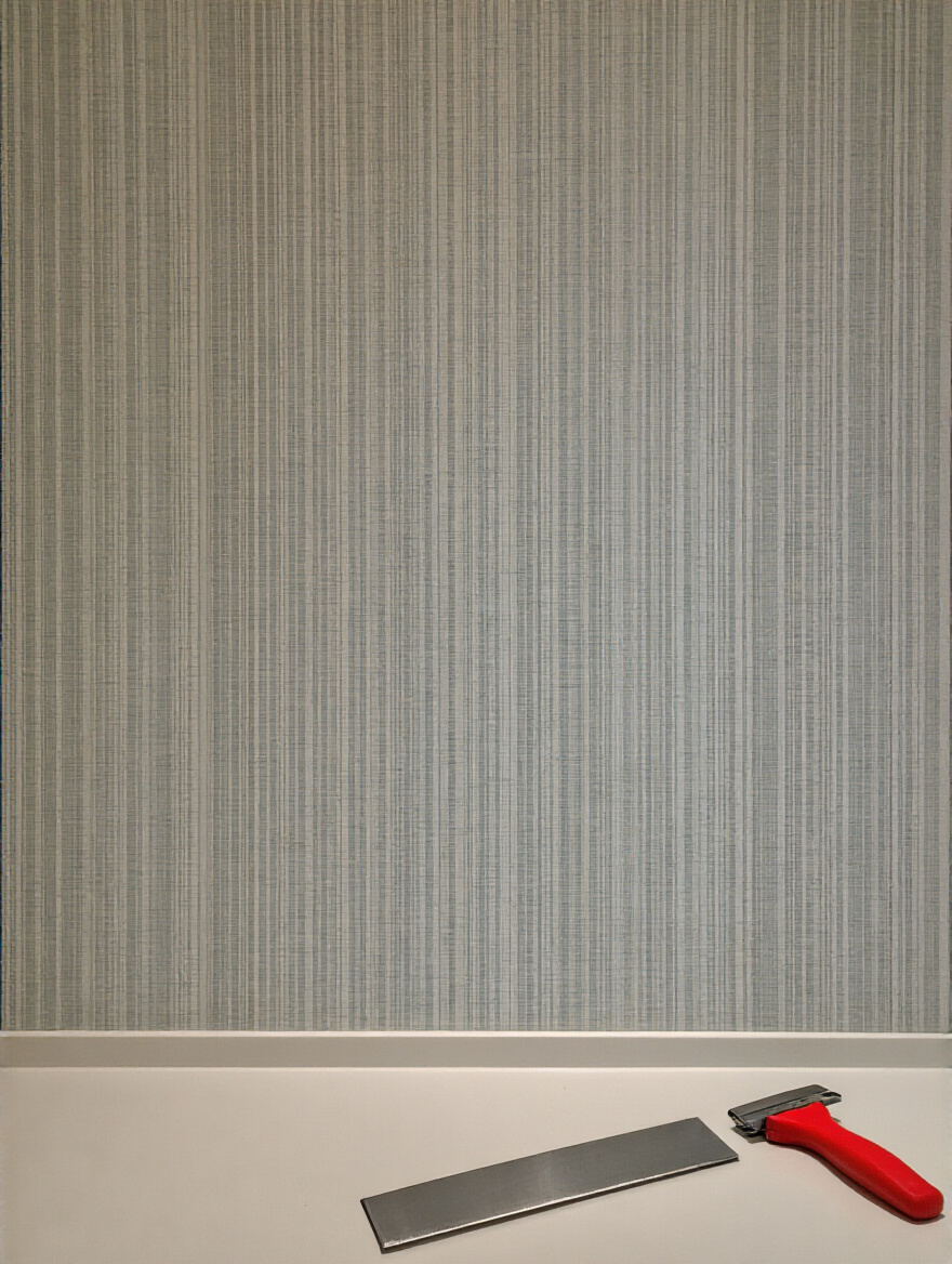 Portrait view of bathroom wallpaper edge trimming with crisp seam
