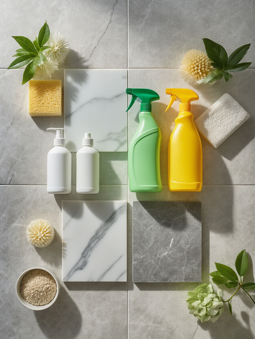 A collection of generic cleaning products displayed thoughtfully among samples of different bathroom tiles including marble, porcelain, and ceramic, illustrating the concept of choosing the correct cleaning solution for each specific tile material.