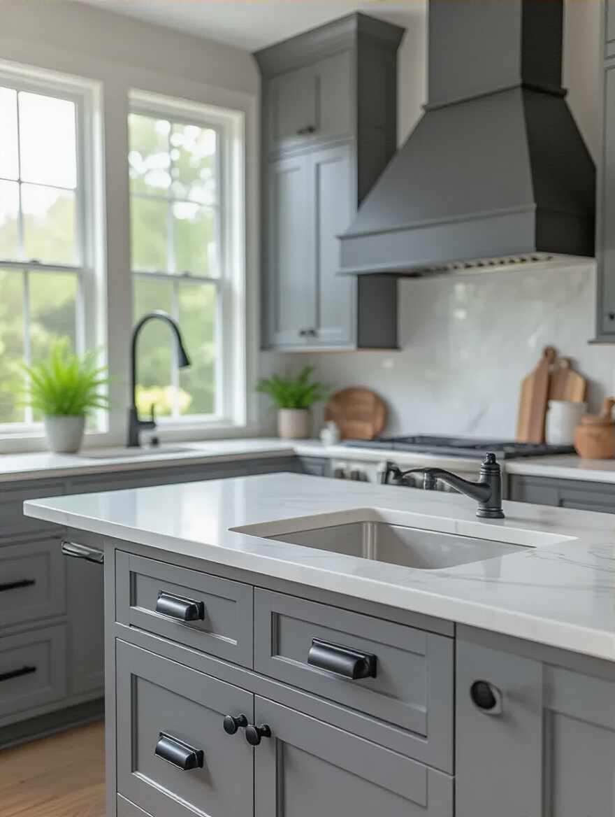 Matte black cabinet pulls on grey cabinets paired with white quartz countertop, highlighting design synergy.