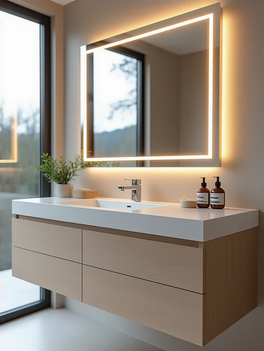 A minimalist modern bathroom vanity with sleek, integrated LED bar lighting, emphasizing clean lines and a harmonious design.