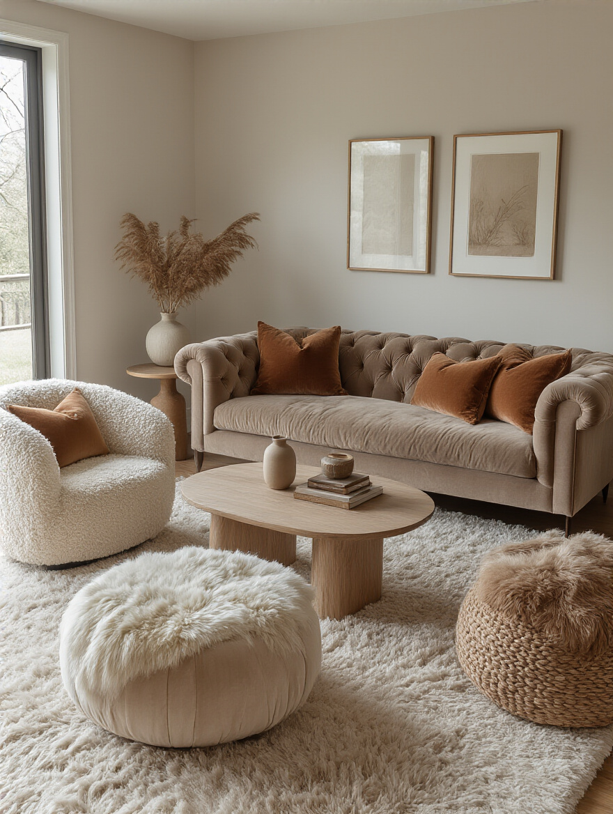 Cozy living room portrait with balanced furniture and plush textures