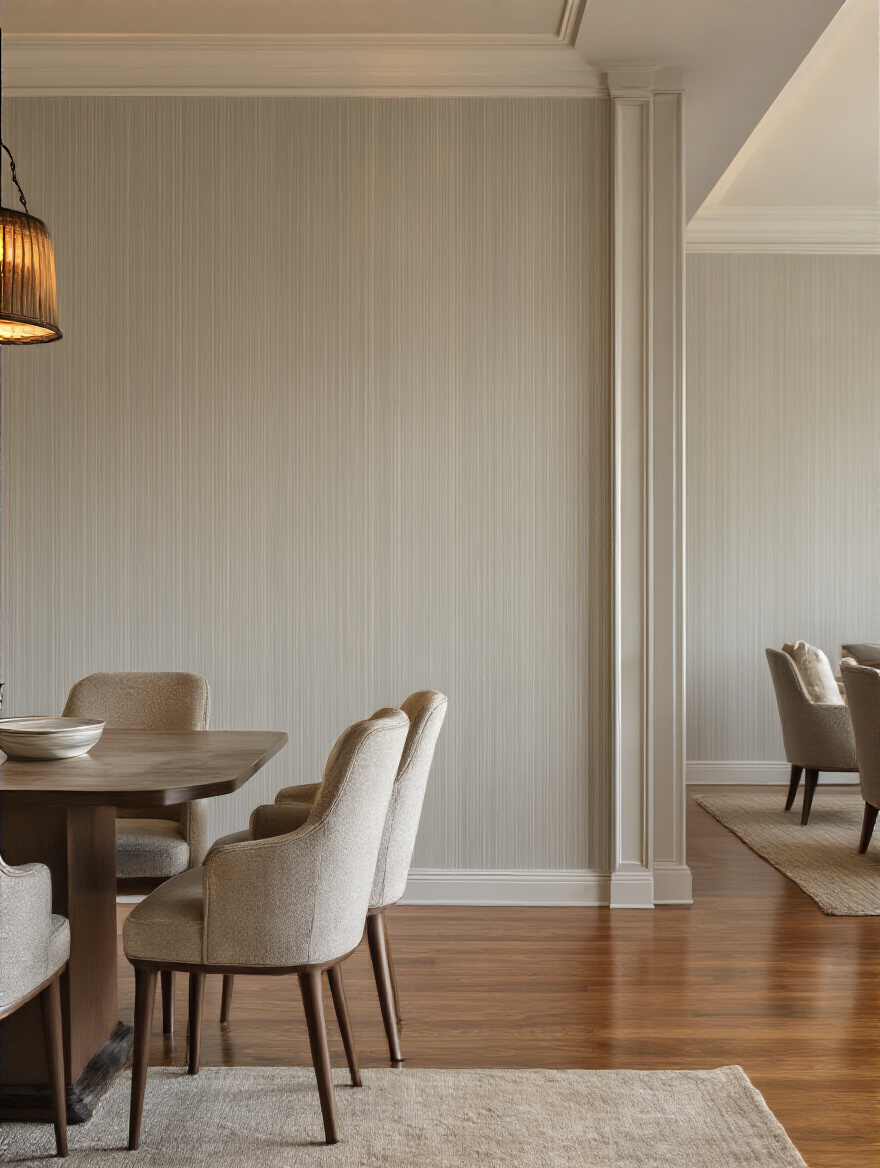 Portrait dining room corner with vertical wallpaper pattern enhancing ceiling height