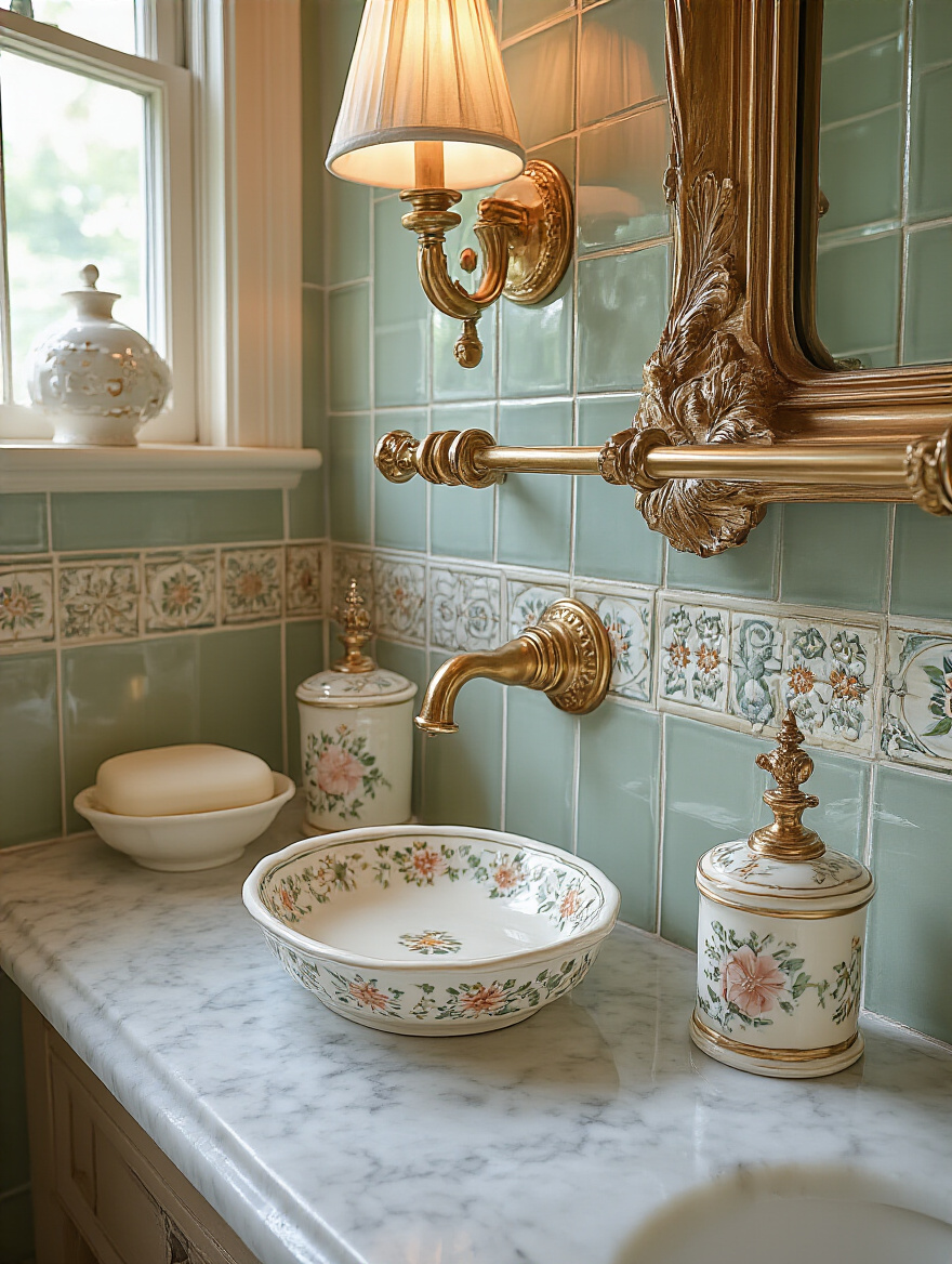 Vintage bathroom accessories: towel rack, soap dish, and robe hooks in a period-accurate setting