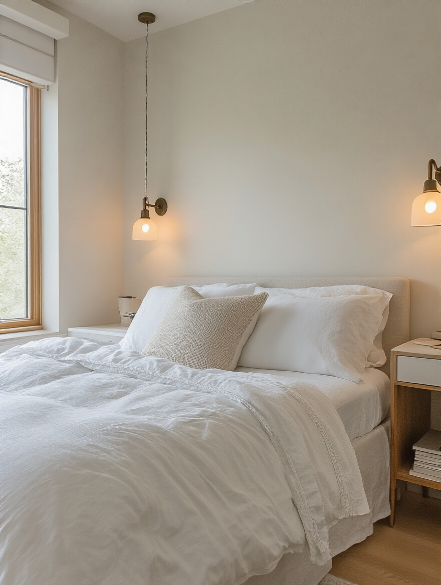 Slim wall-mounted nightstands in a modern small bedroom