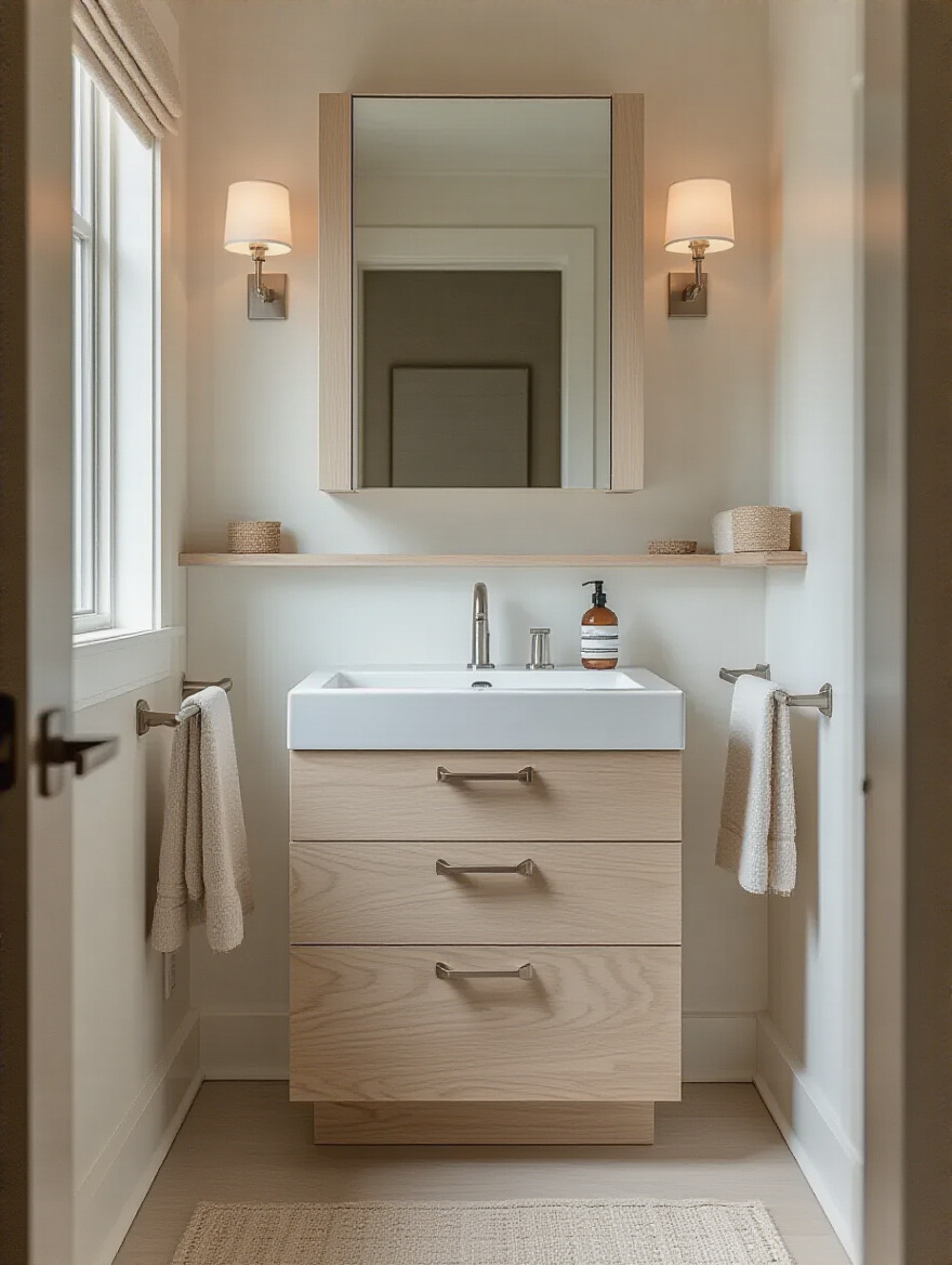 Vertical shot of a tiny bathroom showing multi-functional accessories like a mirrored cabinet and wall shelf