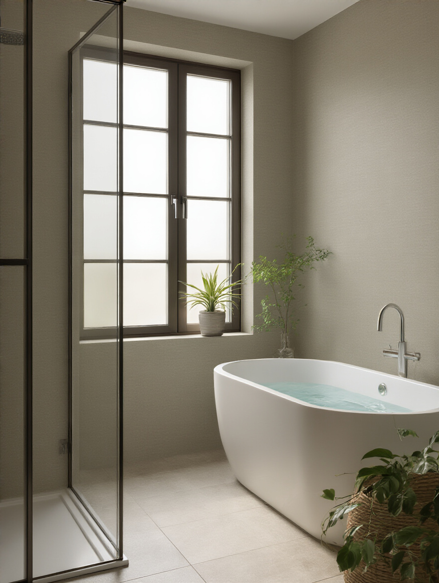 Portrait of bathroom wall with moisture-resistant wallpaper in neutral tones