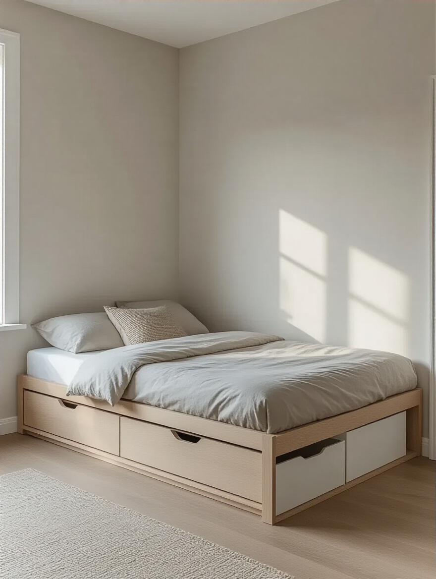 A modern, low-profile platform bed frame with integrated storage drawers in a minimalist small apartment bedroom, maximizing floor space and enhancing visual openness. The bed has clean lines, a light grey duvet, and a single small plant on a wall-mounted shelf, all professionally lit with soft natural light.