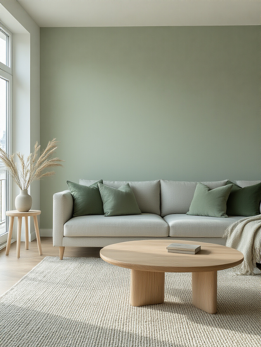 A tranquil apartment living room featuring a cohesive color palette with light sage green walls, a gray sofa, and subtle blue accents, bathed in natural light, showcasing an expanded sense of space.