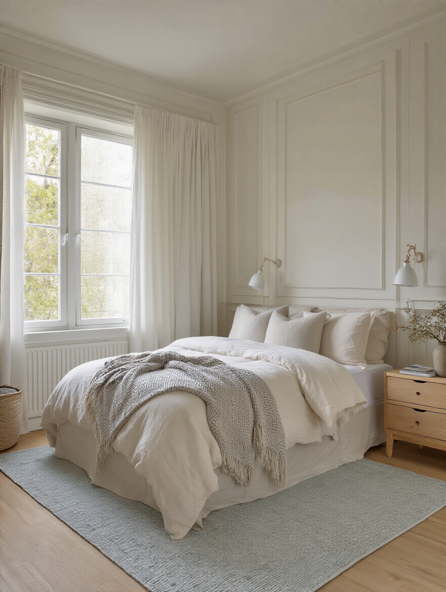 Vertical portrait of a small bedroom with a light cohesive color palette on walls and textiles