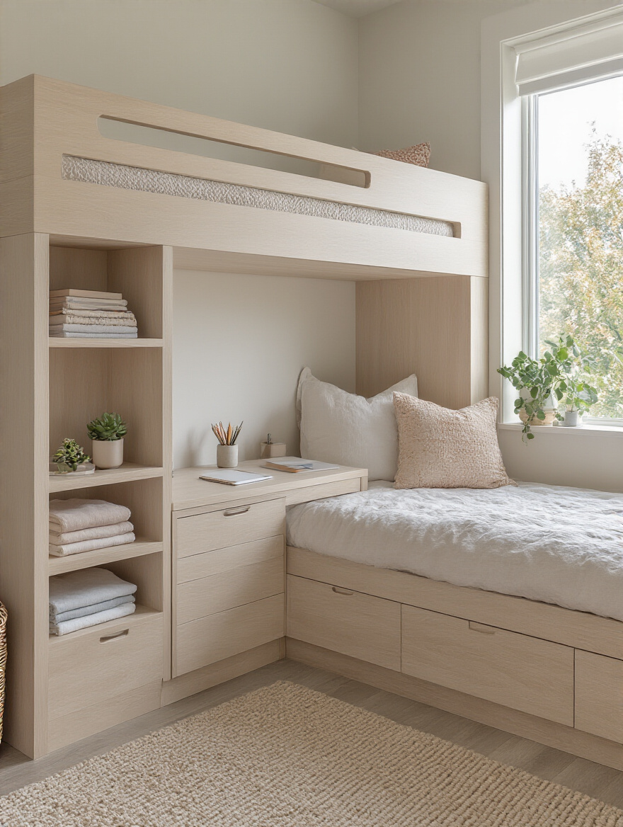 Teen girl's small bedroom with a light wooden multi-functional loft bed, featuring an integrated desk, built-in shelves, and a cozy, organized aesthetic for space-saving.