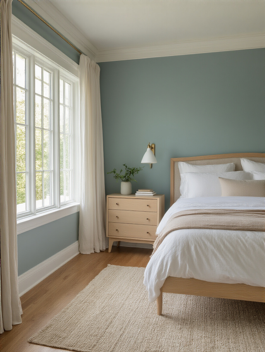 Portrait view of a tranquil bedroom with soothing wall colors