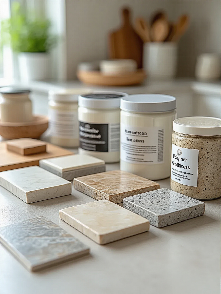 An assortment of various kitchen tile types alongside different containers of specialized tile adhesives and mortars, with a tiling trowel, illustrating the process of selecting the correct bonding material.