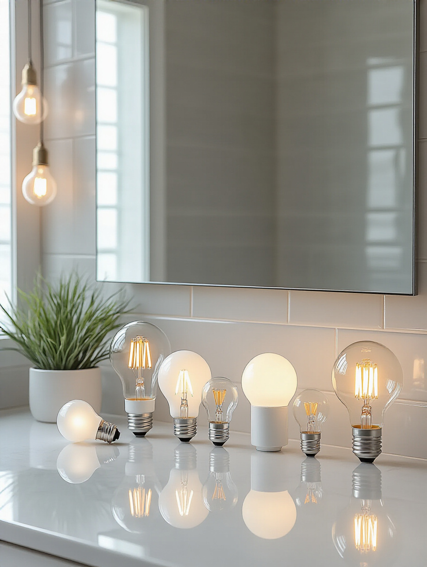 Assortment of modern LED light bulbs arranged on a clean bathroom vanity counter with a mirror, showcasing different Bathroom Vanity Bulb Types for optimal function and energy efficiency.