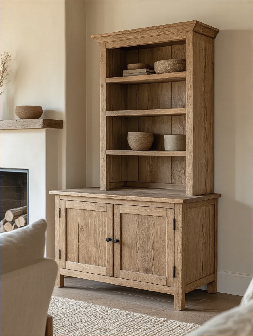 Portrait view of a rustic living room featuring a handcrafted wooden cabinet with open shelves and closed cabinets, warm lighting