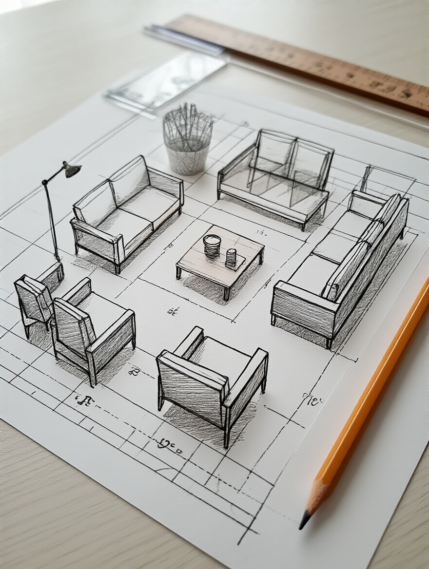 An overhead view of graph paper with abstract furniture cutouts being arranged to create a scaled floor plan for an apartment living room, with a pencil and straight edge nearby.