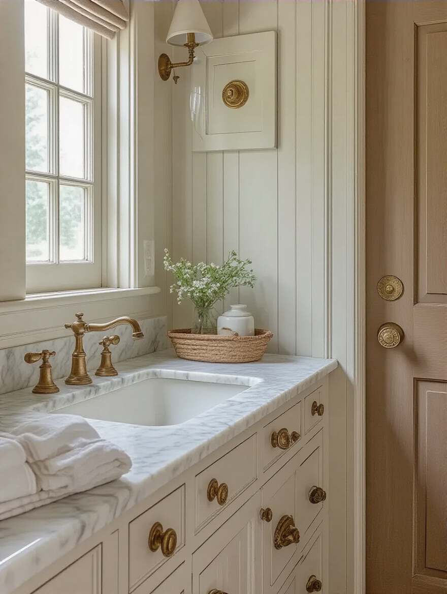 Vintage bathroom hardware details: knobs, pulls, hinges with patina