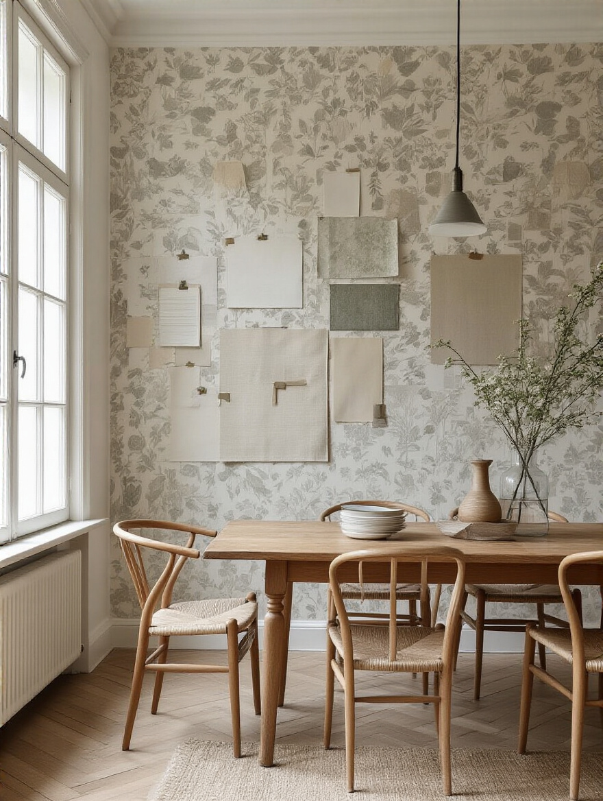 Portrait of a dining room with wallpaper samples displayed on the wall and a wooden table in the foreground, soft daylight