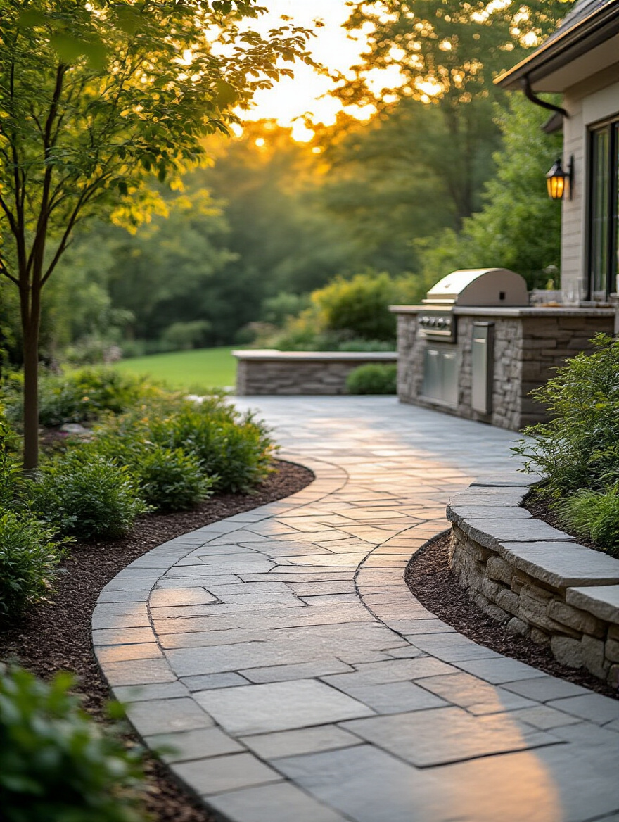 Elegant backyard featuring a stone patio, paver walkway, and retaining wall, demonstrating strategic hardscaping design.