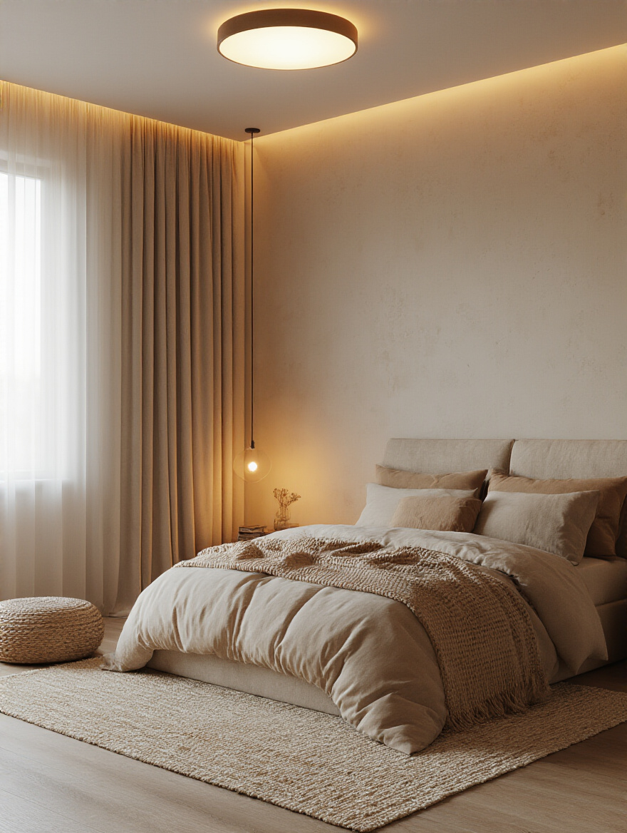 Cozy bedroom portrait with layered warm lighting at dusk