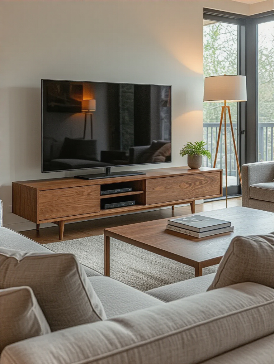 A living room scene with a modern media console and TV perfectly positioned for comfortable viewing from a stylish sofa, illustrating optimal TV viewing angles.