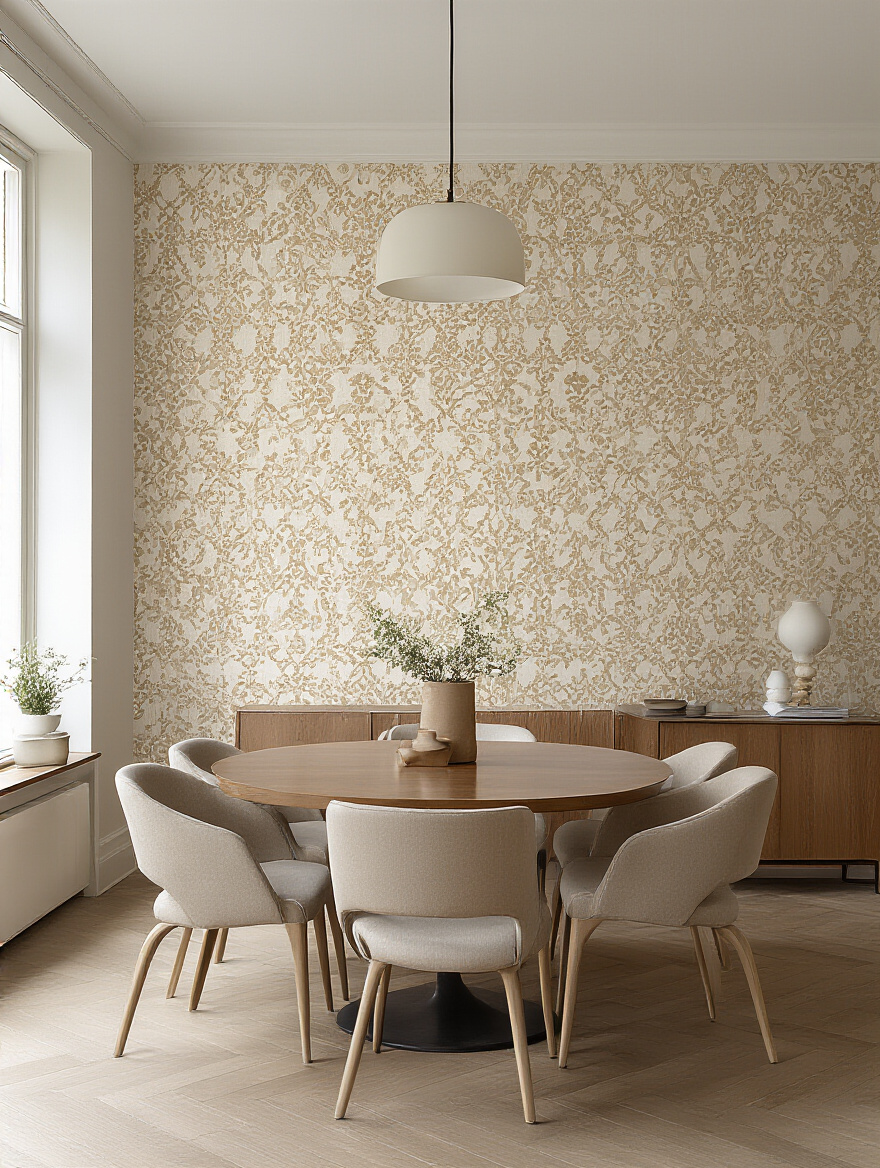 Modern dining room with updated wallpaper on accent wall