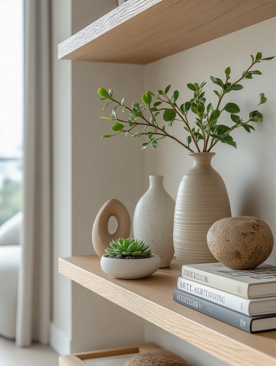 A sophisticated curated vignette on an open shelf in an apartment living room, featuring books, a ceramic vase, and a small plant.
