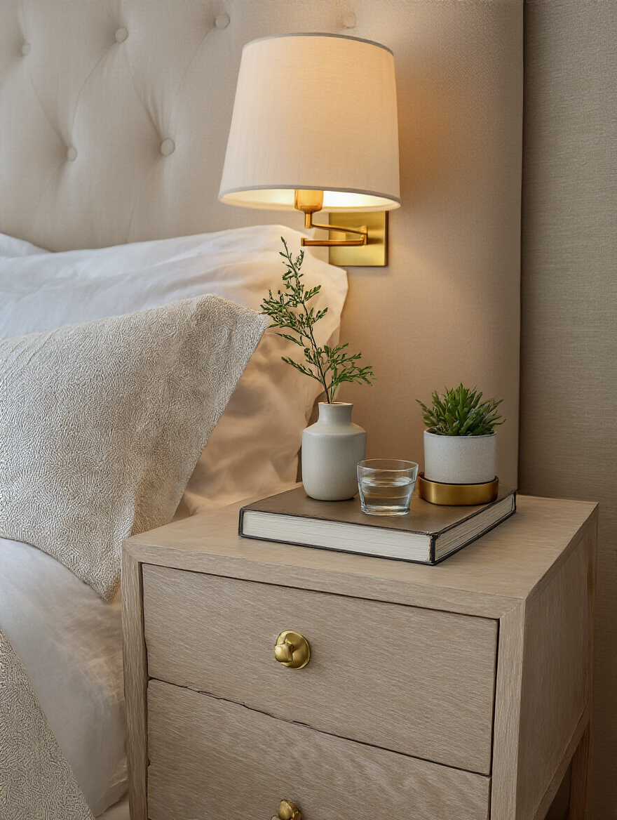 Cozy nightstand styled with lamp, plant, tray, and books