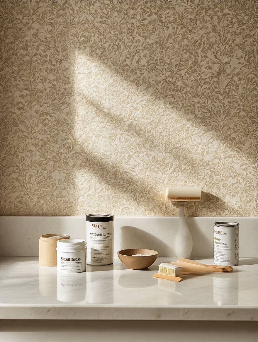 Portrait view of a modern bathroom wallpaper setup with adhesives and tools on a vanity