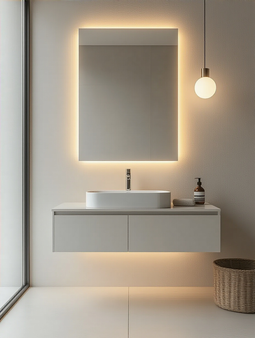 Illustration of different lighting safety zones around a modern bathroom vanity, showing where damp-rated and wet-rated light fixtures are appropriate, highlighting electrical safety.