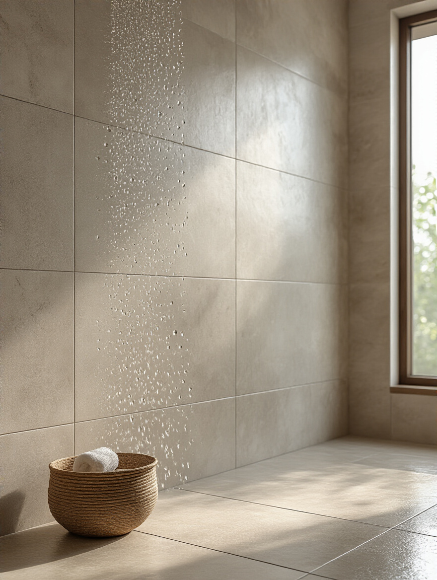 Bathroom wall with water-resistant porcelain tile where water beads, next to durable ceramic floor tile, illustrating tile durability and water resistance ratings.