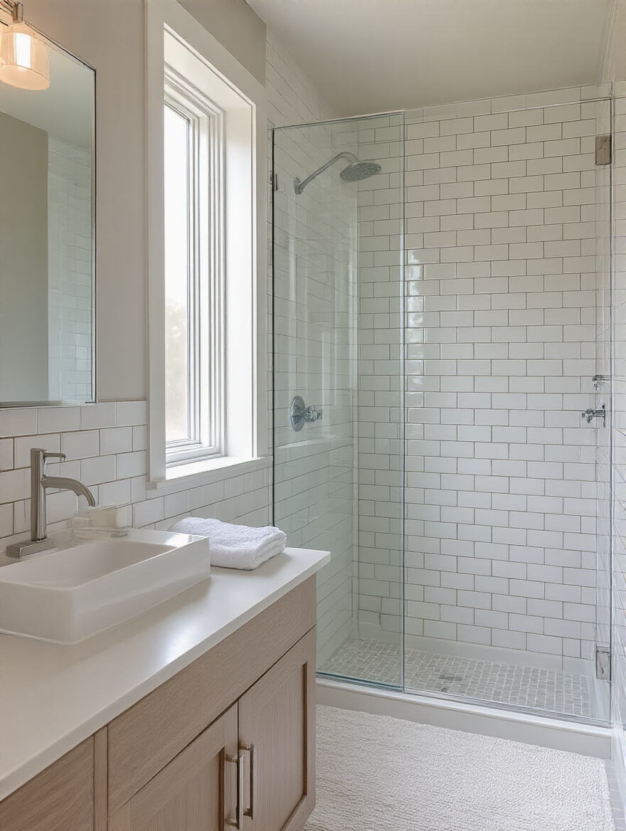 Portrait of a small bathroom with fresh grout and sealant in a modern tile layout