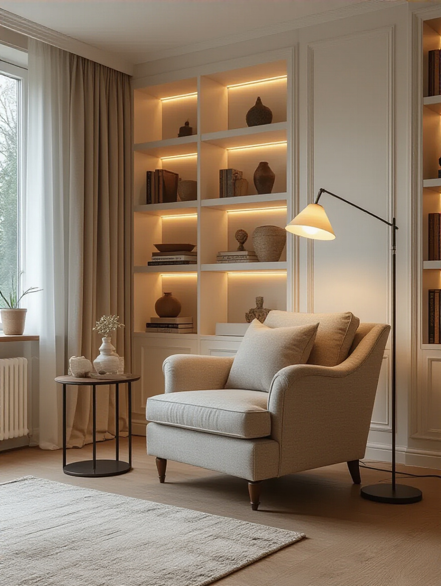 Elegant living room interior demonstrating layered lighting techniques with a mix of ambient, task, and accent lighting. Various light sources define cozy zones and create a warm, inviting mood without people.