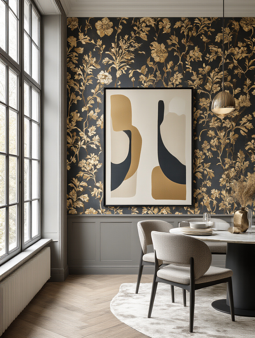 Portrait of a dining room wall with bold wallpaper, a large mirror, and wall art in a vertical composition
