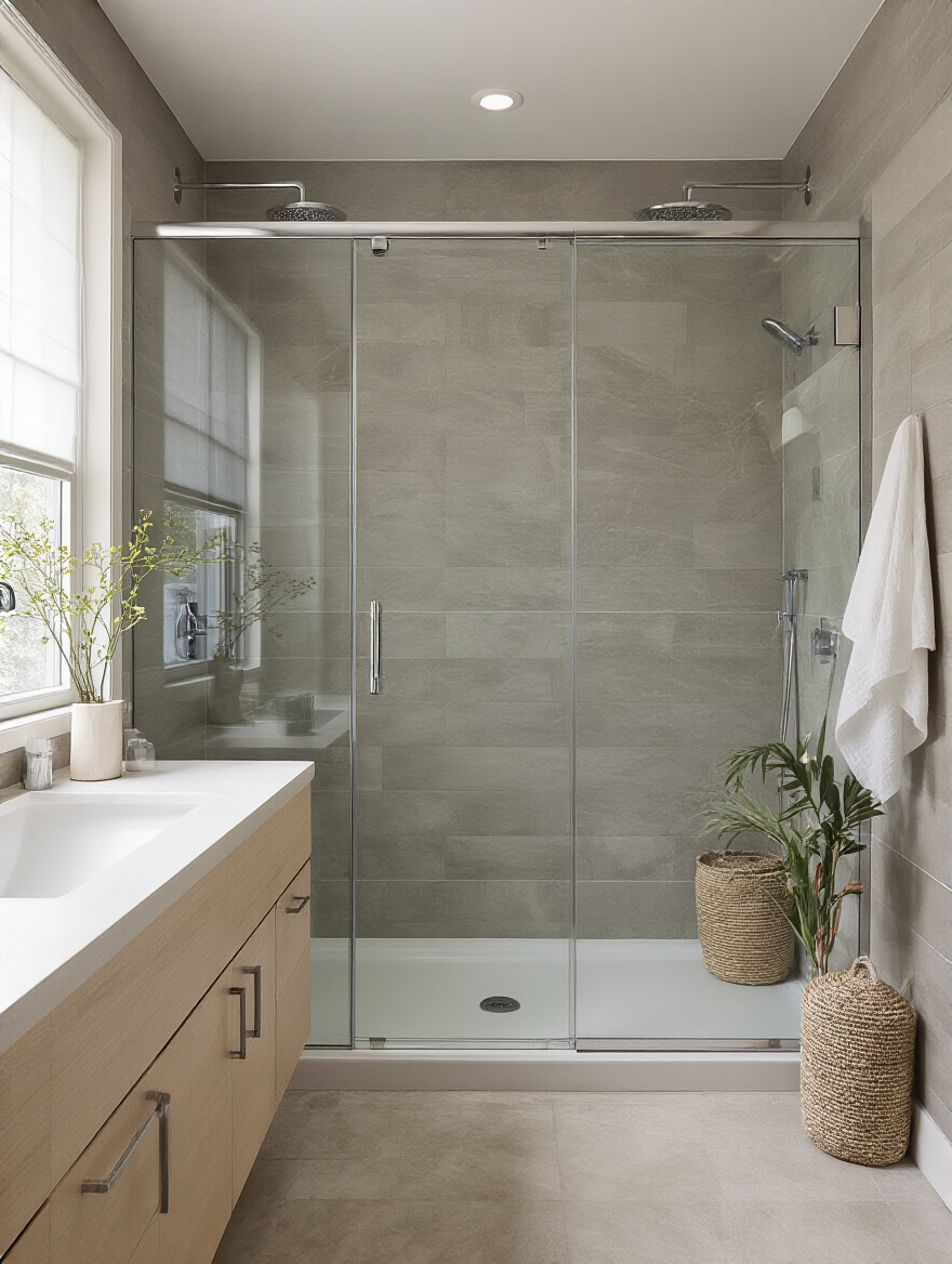 Modern small bathroom with frameless glass shower enclosure and light tiles