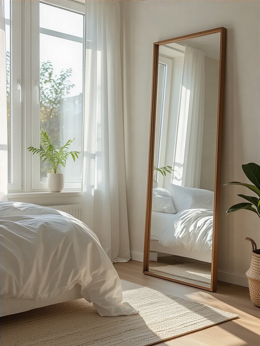 Tall floor-length mirror in a bright, minimal bedroom reflecting a window and plants