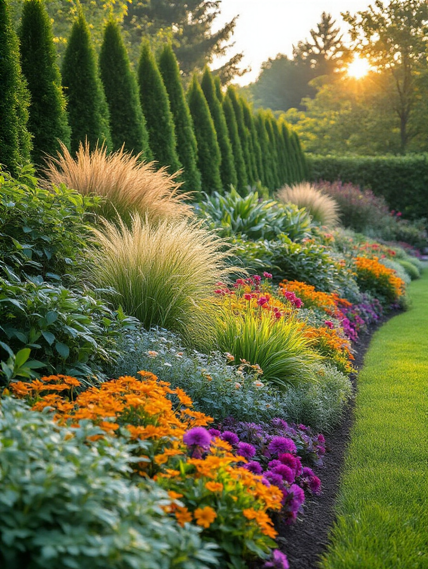 A professionally landscaped garden showcasing vibrant layered planting with tall shrubs in the back, medium perennials and grasses in the middle, and low groundcovers in the front, creating significant visual depth.