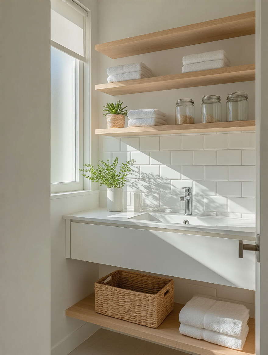 Vertical bathroom with open floating shelves for airiness