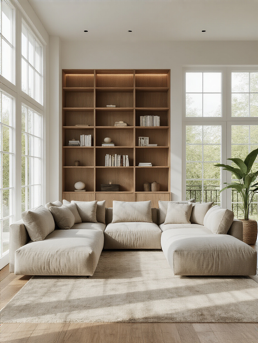 Open-concept living room with a modern grey sectional sofa strategically placed to divide the space and an open-shelf wooden bookcase acting as a divider, creating distinct zones, bathed in natural light.