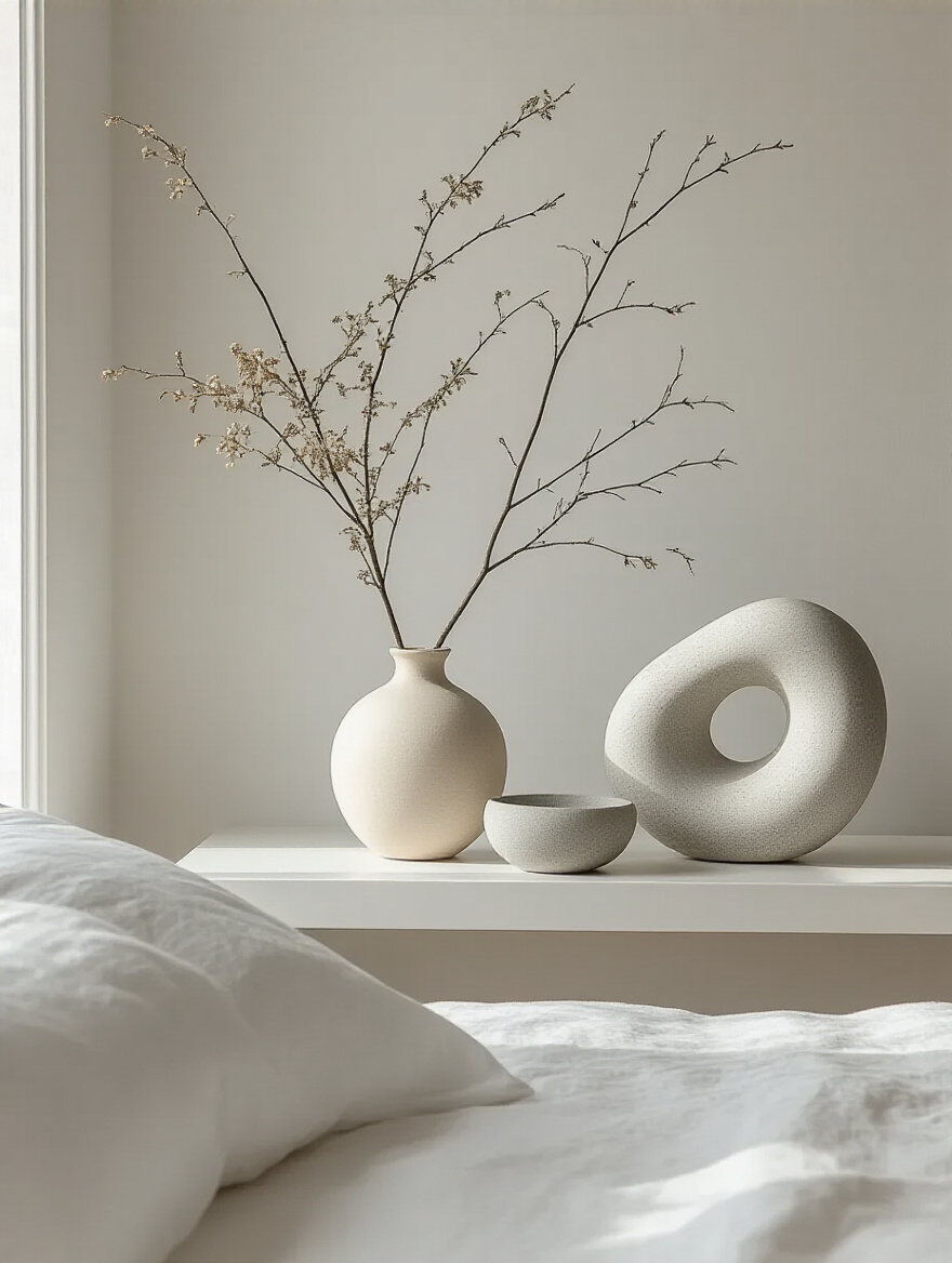Close-up of unglazed matte white ceramic vase and smooth gray stone sculpture on a minimalist white console table in a bright white bedroom, highlighting textural decor.