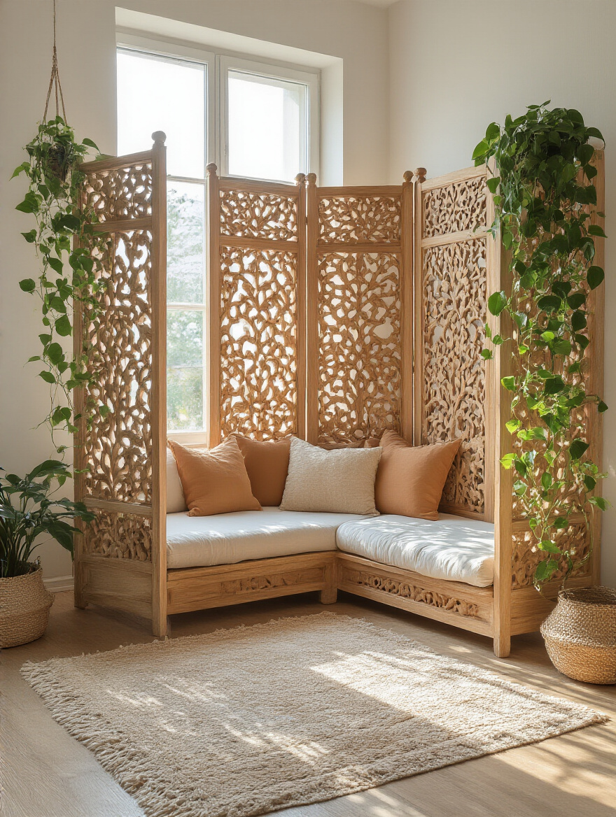 A bohemian bedroom with a beautiful hand-carved mango wood room divider creating a private reading nook, adorned with green plants.