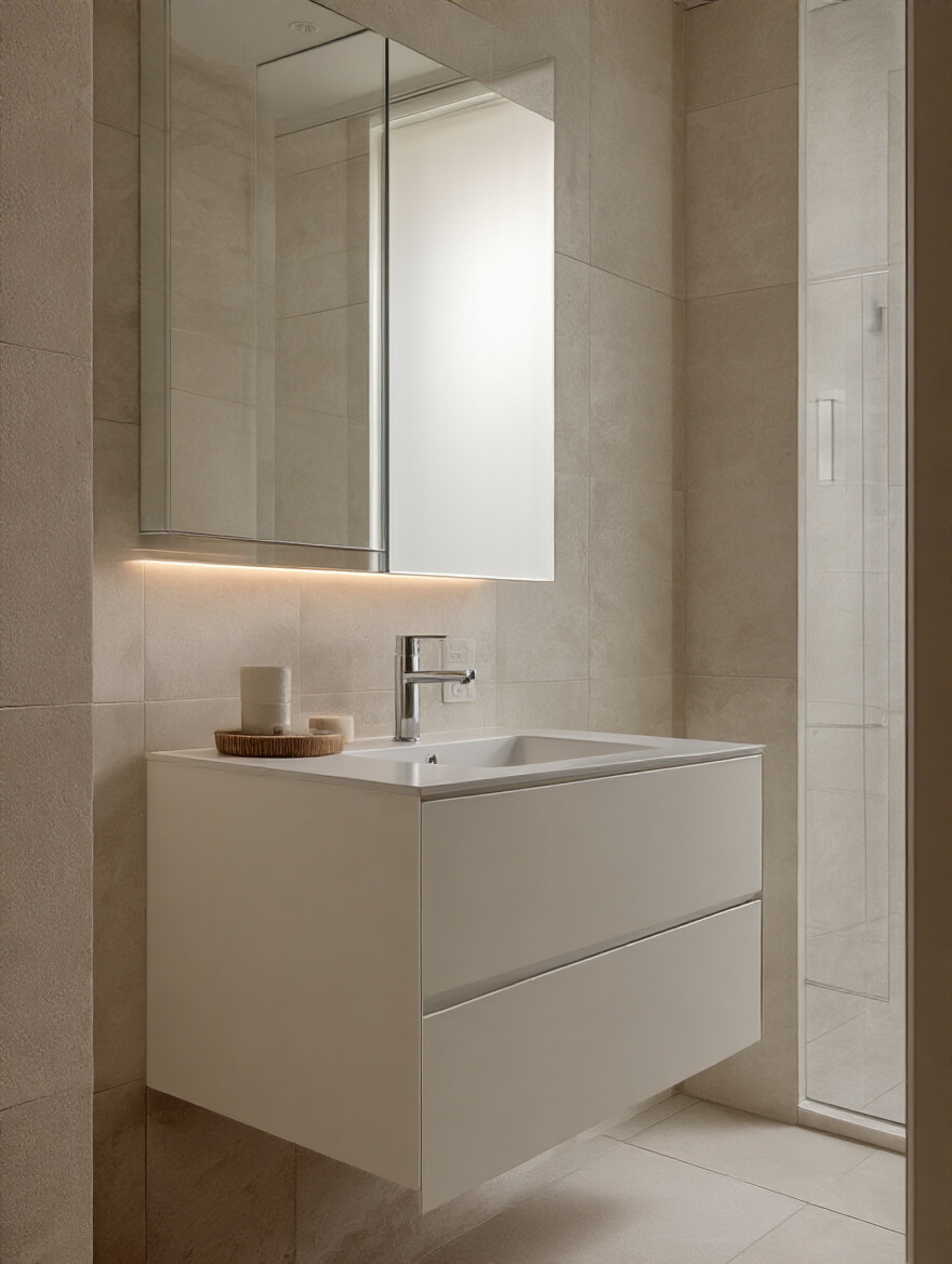 A modern bathroom featuring sleek white flat-panel cabinets seamlessly integrated with the minimalist decor, showcasing how cabinet style aligns with overall bathroom aesthetic.